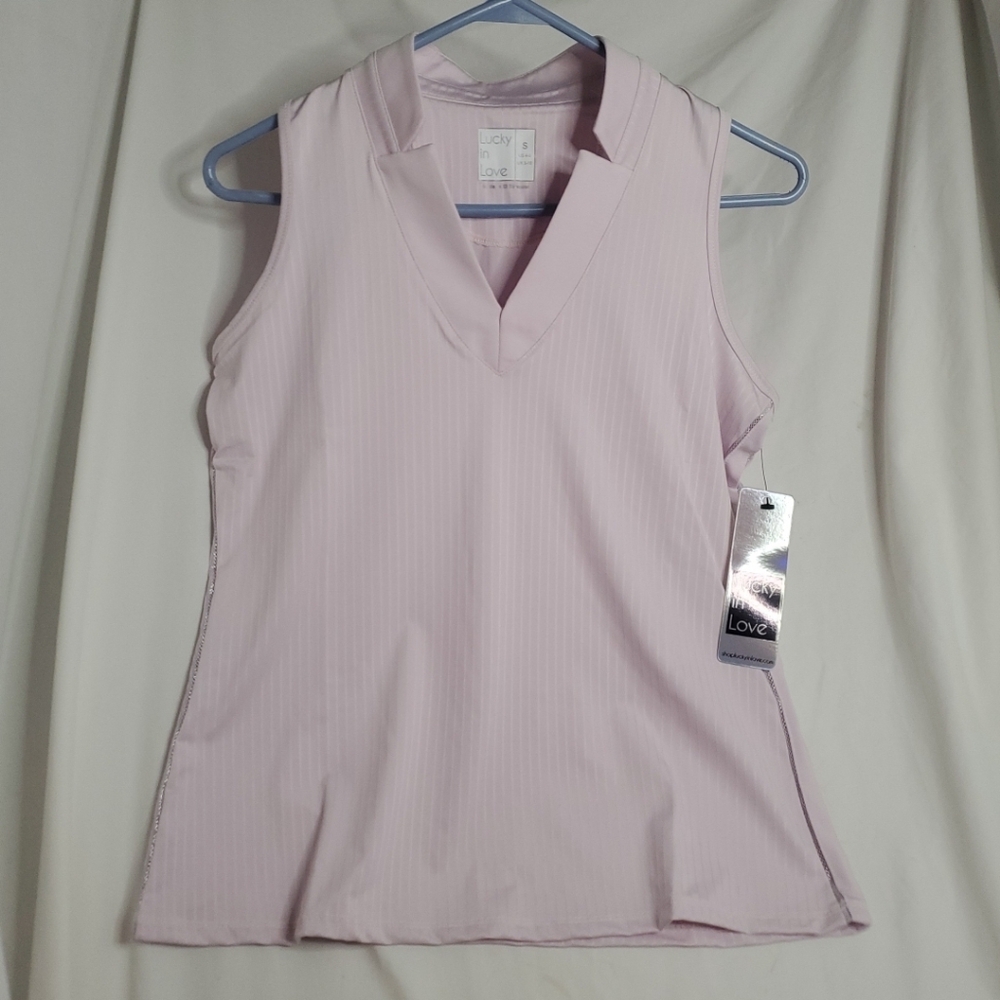 NWT Womens Lucky in Love Fitted Pink Vaportex Sleeveless Shirt Striped S small